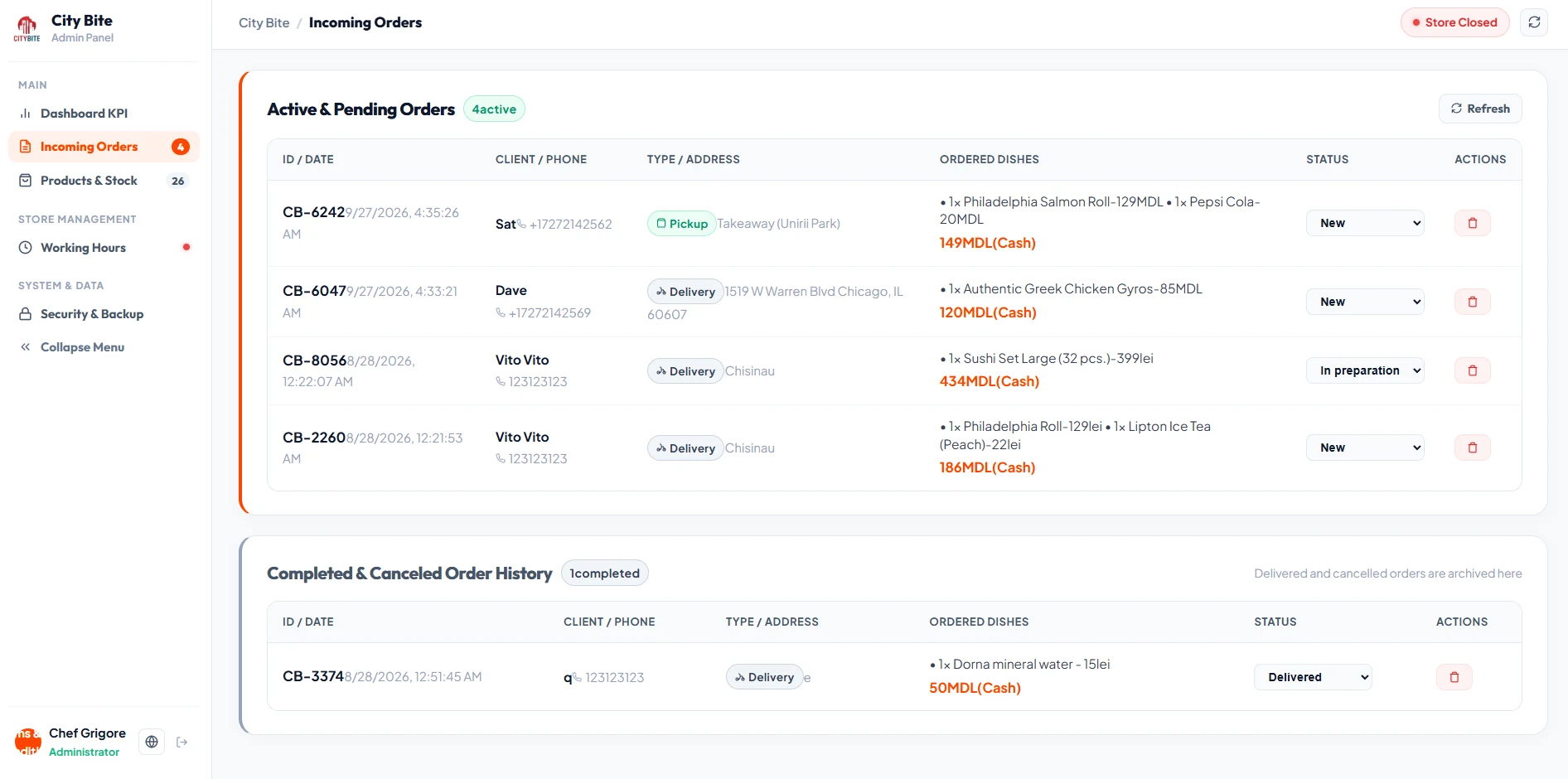 Live Incoming Orders CRM & Kitchen Pipeline